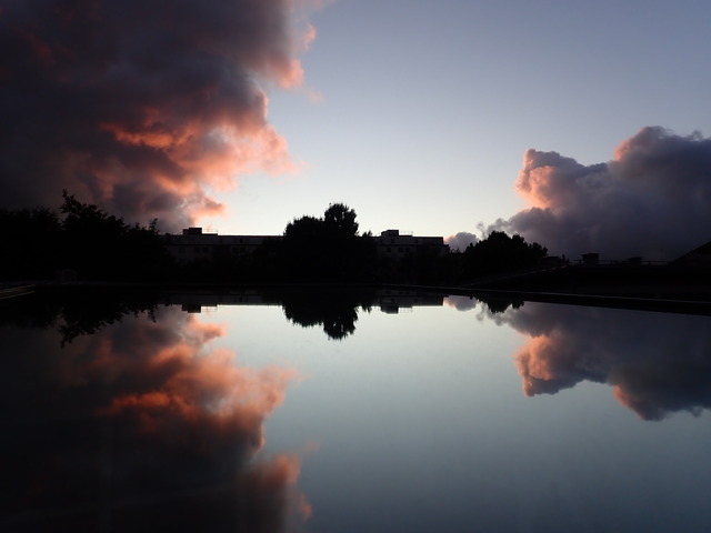 perfect reflection of some backlit houses and trees; the sky behind is blue with pink clouds